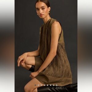 Anthropologie olive green plisse mini dress / size M